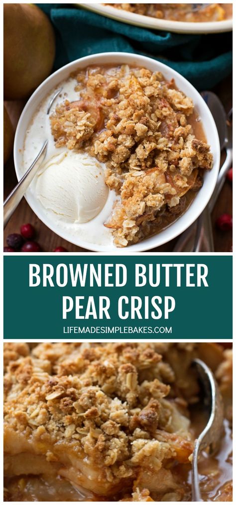 Winter Crisp Recipe, Brown Butter Crumble, Vegan Pear Crisp, Cinnamon Honey Baked Pears, Pear Crisp In Crockpot, Holiday Pear Recipes, Fall Fruit Crisp, Over Ripe Pear Recipes, Fall Pear Desserts