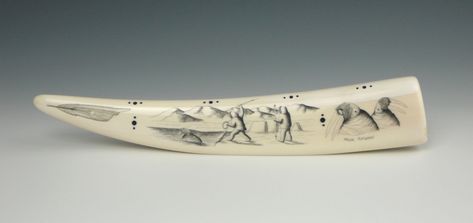 Walrus Tusk With Hunter Scrimshaw - Miller Kingeekuk | Maruskiya's of Nome Alaska Native Art Walrus Tusks, Alaskan Art, Kings Island, Animal Hide, Native American Crafts, Native Art, American Crafts, Indian Art, Artifacts