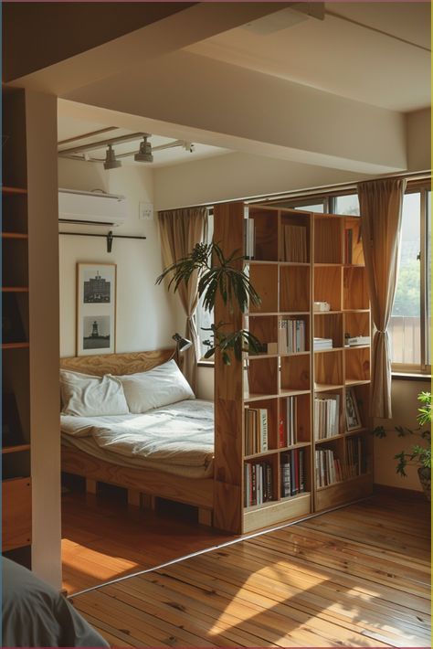 Japanese Apartment Small Interior, Rooms Dividers Ideas, Studio Apartment Bookshelf Divider, Room Sectioning Ideas, Simple Rustic Interior Design, Aesthetic Room Divider, Cute Apartment Ideas Aesthetic, Small Apartments Ideas, Shelf Room Divider Ideas