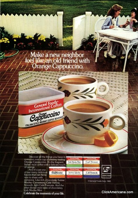 General Foods International Coffees Vintage Food Photography, Style Coffee Bar, Coffee Ads, European Coffee, Vintage Grocery, Coffee Flavors, Mint Mocha, International Coffee, Retro Food