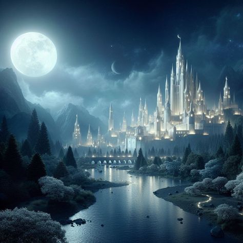 A "Moon Kingdom" is a mythical or imaginative realm often featured in folklore, fantasy, and science fiction. This kingdom is typically associated with the moon and is portrayed as a place of mystery and wonder. Fantasy Ice Kingdom Aesthetic, Moon Castle Fantasy Art, Moon Castle Aesthetic, Moon City Fantasy Art, Cloud Kingdom Aesthetic, Ice City Fantasy Art, Ice Kingdom Aesthetic, Fantasy Realm Aesthetic, Moon Kingdom Aesthetic