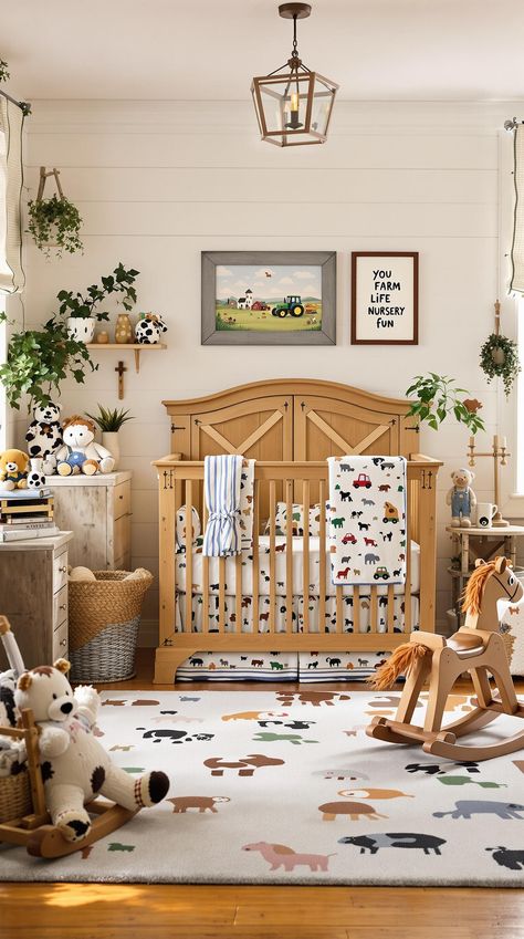 Nursery Room Ideas Tractor Themed Nursery, Gender Neutral Farm Nursery, Chicken Nursery Theme, Farm Toddler Room, Farm Style Nursery, Vintage Farm Nursery, Baby Boy Farm Nursery, Baby Boy Nursery Farm, Farm Girl Nursery