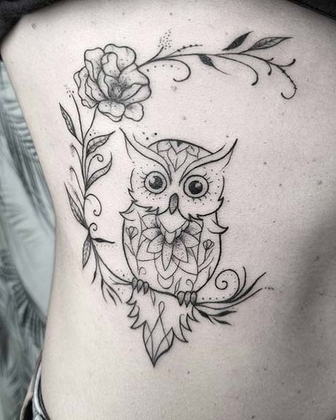 Owl Tattoo With Flowers For Women, Back Owl Tattoo Women, Mother Owl Tattoo, Owl Tatoos Design, Owl Tattoo Cartoon, Tiny Owl Tattoos For Women, Owl And Moon Tattoo For Women, Brown Owl Tattoo, Womens Owl Tattoo