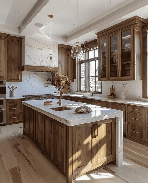 Wood Cabinets Countertop Ideas, Cool Tone Kitchen Cabinets, Walnut Cabinets With White Countertops, Two Wood Tone Kitchen Cabinets, Modern Country Style Interior Design, Wood Cabinets Modern Kitchen, Earth Tones Kitchen Ideas, Rustic Kitchen Wood Cabinets, Wood And Brass Kitchen