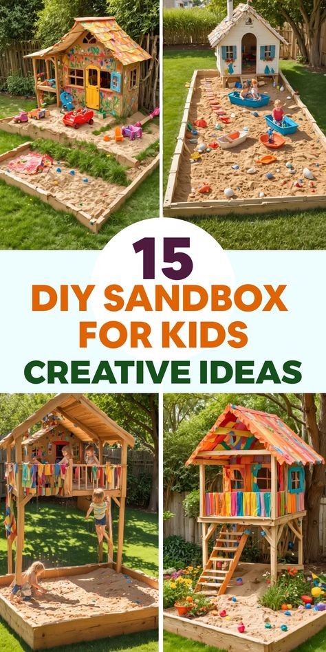 Create a safe and enjoyable play area for children with these clever DIY sandbox concepts. Firstly, choose a prime location in your backyard or outdoor setting that is easily accessible. Opt for smooth-edged wooden boards or repurposed containers to fashion the sandbox of your desired size and shape. Lay a weed barrier fabric before filling with play sand to maintain cleanliness. To shield the sand from the elements, add a lid or cover when not in use. Sandbox For Kids, Painted Playhouse, Build A Sandbox, Sandbox Cover, Backyard Sandbox, Wooden Sandbox, Backyard Play Spaces, Diy Sandbox, Kids Sandbox