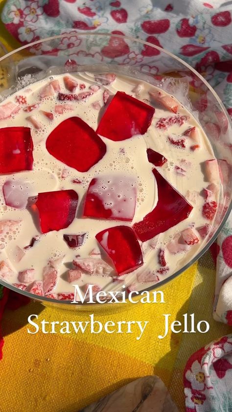 Sarah McCune | Mexican strawberry jello recipe I grew up having this strawberry jello at bbq’s and birthday parties. Have you ever had strawberry jello… | Instagram Mexican Jello Recipe, Strawberry Jello Dessert, Jello With Cool Whip, Jello Recipe, Cut Strawberries, Jello Desserts, Strawberry Jello, Jello Recipes, Mexican Dessert