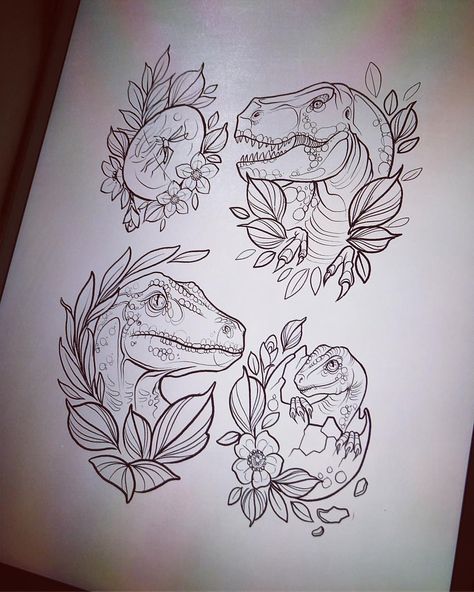 Some available jp/dino bits I drew up the other week ��💌 danielletaylortattoo@gmail.com Jurassic Park Flash Tattoo, Jurassic Tattoo Ideas, Dinosaur Knee Tattoo, Dinosaur Hand Tattoo, Feminine Dinosaur Tattoo, Jurassic Park Tattoo Ideas, Jurassic Tattoo, Floral Dinosaur Tattoo, Jurrasic Park Tattoo