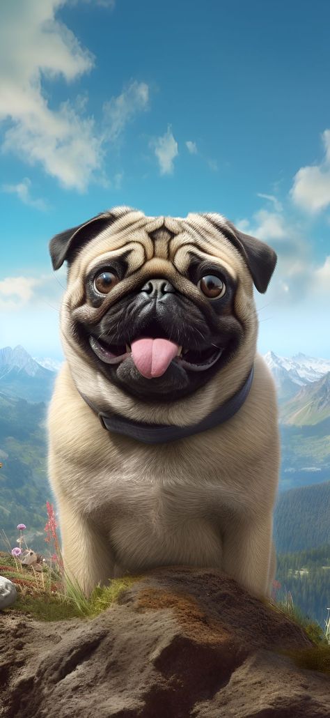 Aesthetic wallpaper of a happy pug standing on a mountain with a forest view, for iPhone & Android. Pug Wallpaper Iphone, Pug Dog Wallpaper, Cute Pugs Wallpapers, Standing On A Mountain, Pug Wallpaper, Dog Wallpaper Iphone, Pug Cartoon, Happy Pug, Pugs And Kisses