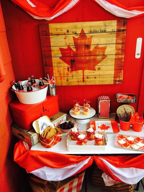 Fantastic vintage Canada Day party! See more party planning ideas at CatchMyParty.com! Canada Day Fireworks, Canada Party, Canadian Party, Canada Day Party, Themed Wedding Decorations, Day Party Ideas, Canada Holiday, Canada Eh, Happy Canada Day