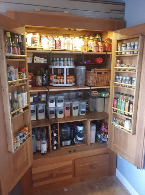 Small Larder Cupboard Ideas, Wardrobe Turned Into Pantry, Armoire Storage Ideas, Wardrobe Pantry Ideas, Diy Pantry Cupboard, Wardrobe To Pantry, Diy Larder Cupboard, Pantry Armoire, Larder Cupboard Ideas