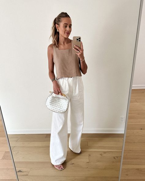 Beige Sandals Outfit, Trousers Outfit Summer, White Trousers Outfit, Trousers Outfit, Date Night Outfit Summer, Woven Clutch, Womens Outfit, Trouser Outfit, 2024 Outfits