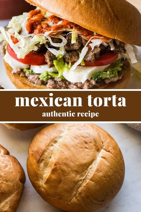 Tortas, or Mexican sandwiches, are a popular lunch sandwich made from a crusty telera roll sliced in half and filled with seasoned meat, queso fresco, refried beans, avocado, salsa, and so much more. They’re one of the best street foods in Mexico! Mexican Tortas Recipe, Tortas Recipe, Mexican Sandwiches, Mexican Torta, Torta Sandwich, Mexican Tortas, Tortas Sandwich, Spicy Sandwich, Mexican Sandwich