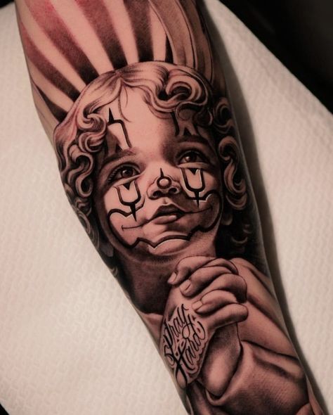 Chicano Tattoo Design Ideas, Under Eye Tattoo, Angle Tattoo, Baby Angel Tattoo, Chicanas Tattoo, Chicano Tattoos Sleeve, Realistic Tattoo Sleeve, Clown Tattoo, Money Tattoo