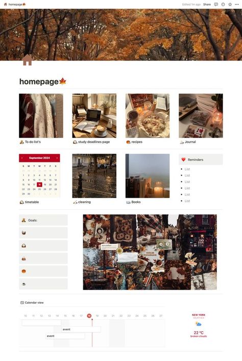 Free❗️Notion Template | Notion homepage, notion personal dashboard, notion template, easy to use notion template, notion idea, notion simple homepage, fall themed notion page, fall theme notion page, fall aesthetic, fall aesthetic notion page, autumn vibes, autumn aesthetic, autumn aesthetic notion page #notion, #notion_template_free Fall Notion Template, Notion Home Page Aesthetic, Notion Inspo Home Page, Aesthetic Notion Page, Notion Homepage Template, Notion Homepage Ideas, Notion Personal Dashboard, Notion Dashboard Ideas Aesthetic, Fall Notion