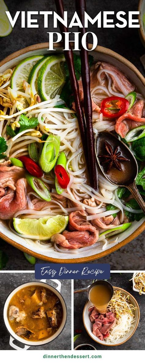 Vietnamese Pho is the perfect soup with flavorful broth, rice noodles, delicious steak, bean sprouts, and simple but amazing seasonings! While it’s a slow recipe, it’s also easy to follow. Vietnamese Pho Soup Recipe, Pho Soup Recipe, Asian Soup Recipes, Pho Broth, Vietnamese Pho, Pho Soup, Pho Recipe, Asian Soup, Broth Recipes