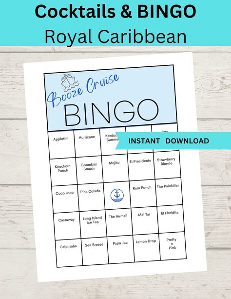 Cruise Bingo, Bar Crawl Bingo, Pina Colada Rum, Caribbean Drinks, Vacation Games, Royal Caribbean Cruise Lines, Bingo Sheets, Booze Cruise, Bar Crawl