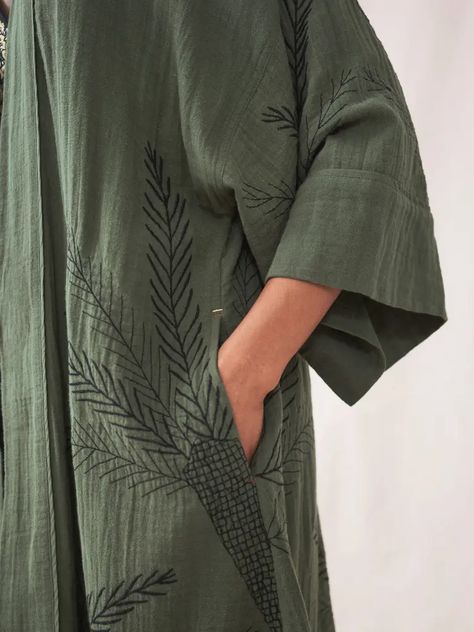 Kaylee Embroidered Kimono (Mid Green) | White Stuff Abaya Kimono, Embroidered Kimono, Long Linen Dress, Make Waves, Cotton Kimono, White Stuff, Boys Accessories, Back Women, Pool Deck