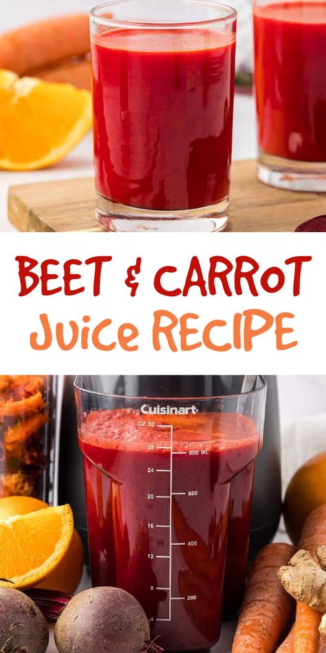 This Beet and Carrot Juice recipe is delicious! Use fresh ginger and navel oranges to make this refreshing juicing recipe. Beet Juice Recipes, Beet Carrot Juice, Juice Cleanse Benefits, Beetroot Juice Recipe, Beet Juice Recipe, Carrot Juice Recipe, Homemade Juice, Beet Recipes, Smoothie Drink Recipes