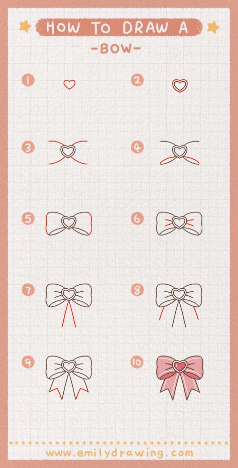 Setp by Step tutorial on how to draw a bow. FREE download the Printable drawing guide and coloring page,Click to Get! #drawing #howtodrawabow #bow #learntodraw #howtodraw Bow Drawing Easy, How To Draw Coquette, Draw A Bow Easy, Ribbon Drawing Tutorial, Hair Bow Drawing, Bow Drawing Step By Step, Easy Bow Drawing, How To Draw A Bow Step By Step, How To Draw Bows