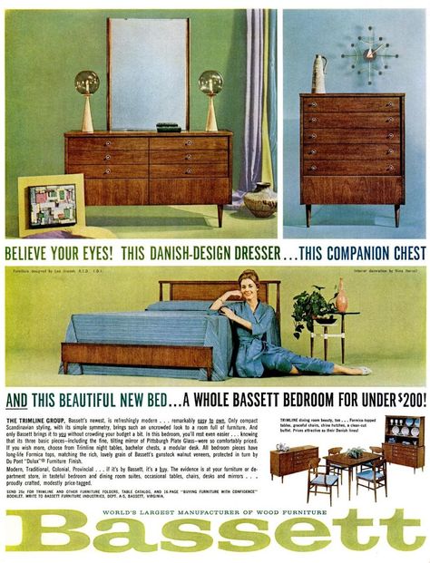 Bassett Furniture Bedroom, Art Nouveau Bedroom, Modern Advertising, Retro Rooms, Vintage Bedroom Furniture, Retro Bedrooms, Mcm Furniture, Furniture Ads, Bassett Furniture