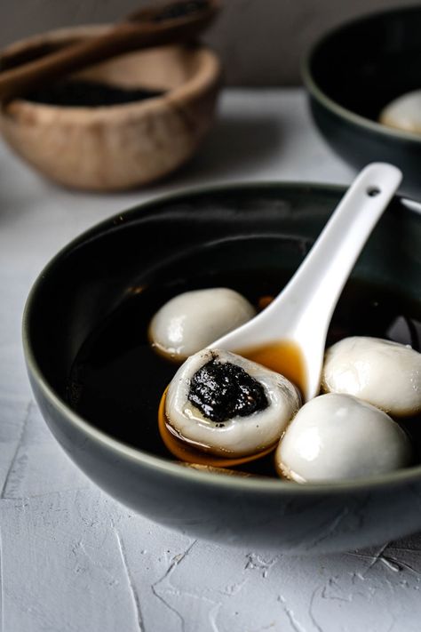 Tang Yuan with Black Sesame Filling • Cooking in Chinglish Glutinous Rice Balls Recipe, Tang Yuan Recipe, Black Sesame Paste, Tang Yuan, Chinese New Year Food, Vegan Asian Recipes, Sweet Soup, Chinese Dessert, Taiwanese Food