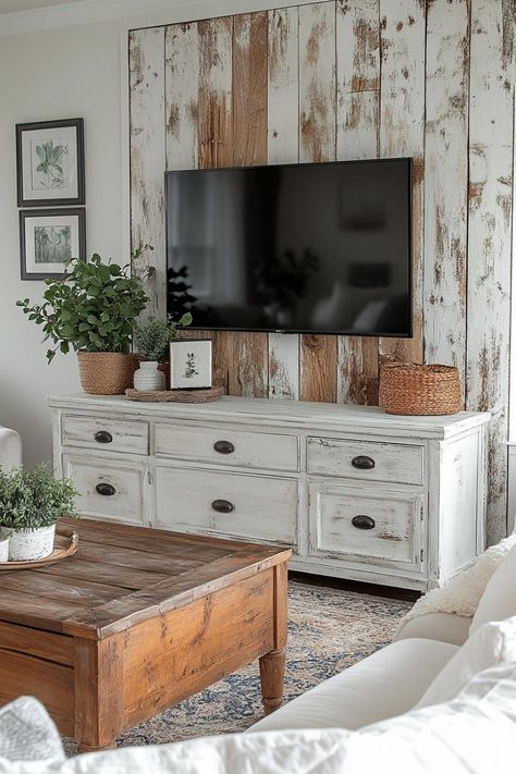 30 Farmhouse TV Stand Decor Ideas To Elevate Your Living Room Modern Country Tv Stand, Farmhouse Tv Stands, Tv Stand Farmhouse Decor, Farmhouse Decor For Tv Stand, What To Put Under Mounted Tv Living Room, Buffet Table Tv Stand Ideas, Living Room Decor Tv Area, How To Decorate Tv Stand Shelves, Farmhouse Entertainment Center Decor Ideas