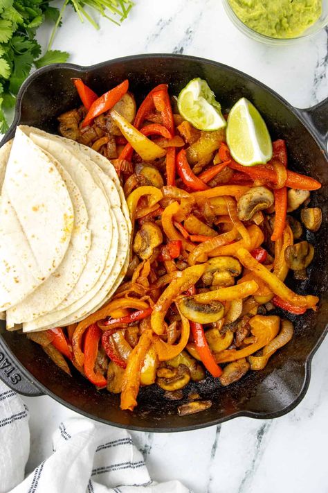 Fajita Veggies - Megan vs Kitchen Fajita Sides, Fajita Veggies, Guacamole Chips, Veggie Fajitas, Mushrooms And Onions, Mexican Seasoning, Burrito Bowls, Weekday Meals, Easy Comfort Food