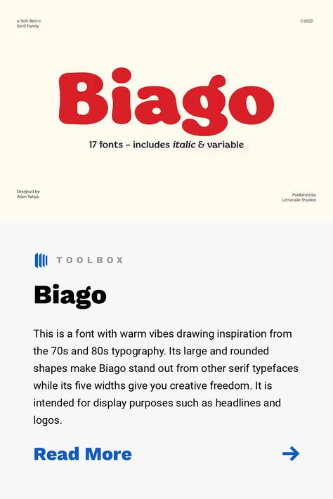 This is a font with warm vibes drawing inspiration from the 70s and 80s typography. Its large and rounded shapes make Biago stand out from other serif typefaces while its five widths give you creative freedom. It is intended for display purposes such as headlines and logos. Round Typeface, 80s Typography, Round Typography, Vibes Drawing, Friendly Fonts, Chunky Font, Top Free Fonts, Decorative Typography, Nature Font