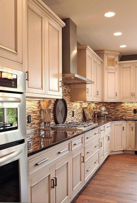 Cream Colored Kitchen Cabinets, Cream Kitchen Cabinets, Dark Countertops, Cream Kitchen, Oak Kitchen Cabinets, Farmhouse Kitchen Cabinets, New Kitchen Cabinets, Kitchen Cabinets Makeover, White Kitchen Cabinets