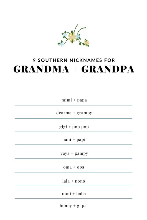 9 Southern Nicknames for Grandma + Grandpa Parents Contact Name Ideas, Grandma Contact Names Ideas, Grandparents Names Ideas, Cute Names For Grandma, Grandma Names Ideas, Grandma Names First Time, Nicknames For Babies, Contact Names For Grandma, Contact Name Ideas For Family