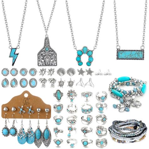 PRICES MAY VARY. Package included: you will get 67 pieces western jewelry set, including 4 pieces turquoise pendant necklaces, 13 piece turquoise bracelets, 20 pieces turquois rings and 15 pairs turquoise earrings. Turquoise jewelry set that can add new highlights to your outfit. Premium material: our women turquoise Jewelry are made of hypoallergenic 316L stainless steel, nickel-free and lead-free. The surface is polished with excellent texture the earring look very shiny and smooth. 316L stain Cute Western Jewelry, Western Jewelry Necklace, Turquoise Jewelry Rings, Turquoise Jewelry Set, Special Gifts For Him, Turquoise Bracelets, Turquoise Earring, Pendant Choker Necklace, Country Jewelry