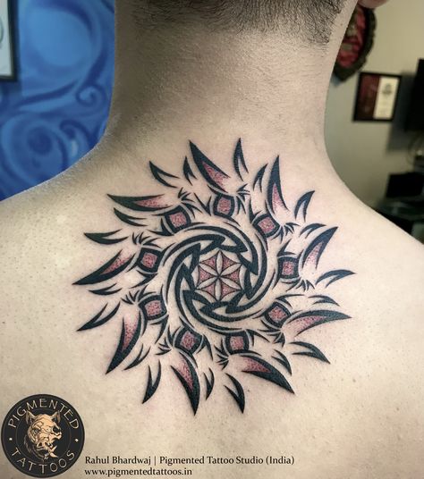 Unique Sun Tattoo For Men, Sudarshan Chakra Art, Mandala Back Tattoo For Men, Round Mandala Tattoo, Circle Mandala Tattoo, Sudarshan Chakra Tattoo, Round Tattoo Design, Mandala Tattoo For Men, Symbolism In Art