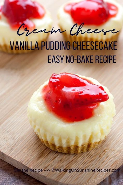 Vanilla Pudding Cheesecake, Vanilla Pudding Desserts, Vanilla Pudding Recipes, Pudding Desserts Recipes, Pudding Cheesecake, No Bake Recipe, Easy Puddings, Mini Cheesecake Recipes, Cream Cheese Desserts