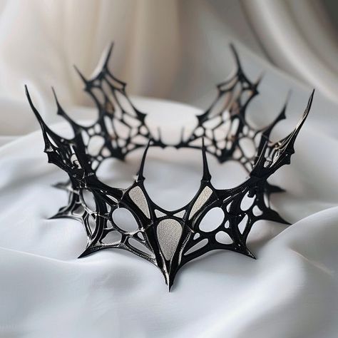 Aliberk Senbas on Instagram: "ARACHNID REGALIA - Drape yourself in the elegance of the Arachnid Regalia. 🕷️👑 Embrace the allure of the spider's realm, where beauty and power intertwine in a delicate dance. Let each thread of this regal crown weave tales of mystique and grace as you reign over realms both seen and unseen. #ArachnidRegalia #spiderqueen  FORM IS INFINITE ♾  #formzee #fashion #design #future #futuristicart #neogothic #gothic #mysterious #organic #organicdesign #futuristic #dark #beautiful #style #artist #art #fashiondesigner #instafashion #midjourney #ai #dalle3 #stablediffusion #clothing #fashionstyle #designerfashion" Demon Crown Queens, Gothic Crown Diy, Crown Dark Aesthetic, Thorn Accessories, Spider Crown, Crown Sculpture, Spider Fashion, Goth Crown, Spiked Crown