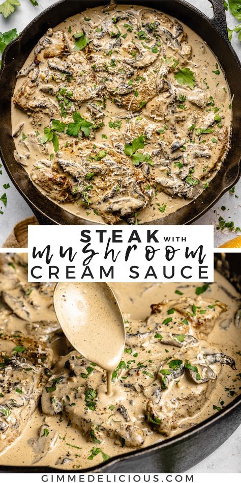 Steak And Mushroom Tortellini, Round Steak Mushroom Gravy, Mushroom Swiss Steak Recipes, Beef With Cream Sauce, Cognac Mushroom Sauce, Round Steak Cream Of Mushroom Soup, Steak With Onions And Mushrooms, Meat With Mushrooms Recipe, Steak Cream Sauce Recipe