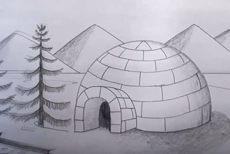 How To Draw Igloo, Igloo Drawing, Nature Scenery Drawing, Igloo House, Ganesha Artwork, Drawing Instructions, Draw Step By Step, Pencil Drawings For Beginners, Barbie Drawing