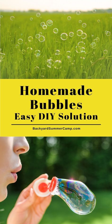 Mix up a batch of homemade bubbles solution with a quick and easy backyard play recipe for kids - no glycerin needed. Diy Bubble Solution, Bubble Solution Recipe, Homemade Bubble Solution, Bubble Recipe, Bubble Mix, How To Make Bubbles, Homemade Bubbles, Bubble Solution, Backyard Summer