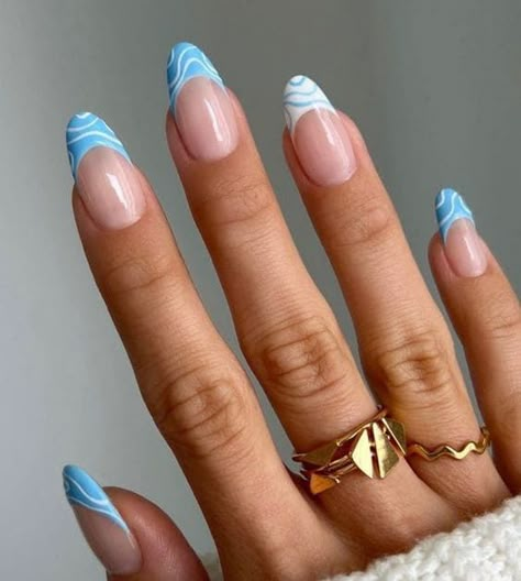 Light blue and icy blue French tips with swirls Beachy Nails, Summery Nails, Classy Acrylic Nails, Almond Acrylic Nails, Vacation Nails, Short Acrylic Nails Designs, Prom Nails, Minimalist Nails, Fire Nails