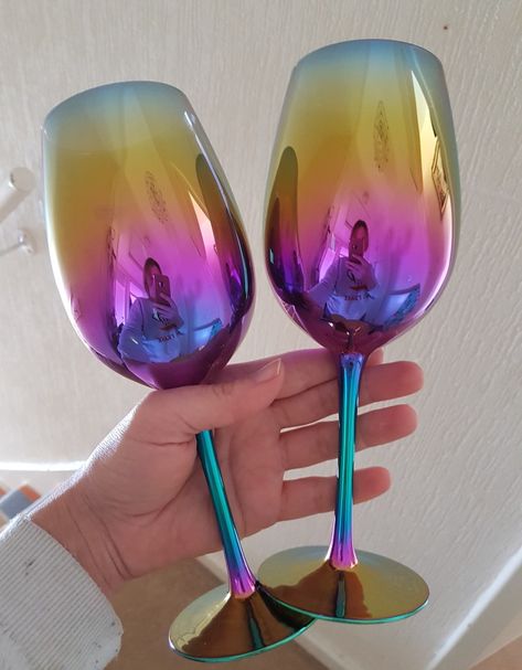 My iridescent wine glasses #rainbow #neon #iridescent Rainbow Wine Glasses, Iridescent Kitchen, Iridescent Kitchen Decor, Rainbow Kitchen Decor, Rainbow Chrome, Rainbow Glassware, Iridescent Decor, Rainbow Kitchen, Rainbow Metal