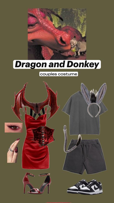 Dragon and Donkey (Shrek) Couples Costume Donkey And Dragon Shrek Costume, Donkey Dragon Costume, Shrek Couples Costume, Donkey And Dragon Couple Costume, Shrek Party Costume Ideas, Shrek Donkey And Dragon, Shrek Birthday Party Costume, Cute Shrek Costumes, Shrek And Donkey Costume