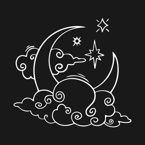 Check out this awesome 'Line+art+moon+star+and+cloud+design' design on @TeePublic! Moon And Clouds Illustration, Cloud Outline Drawing, Moon And Clouds Drawing, Line Art Moon, Moon Line Art, Moon Doodle, Rhinestone Ideas, Moon Star Tattoo, Boho Line Art