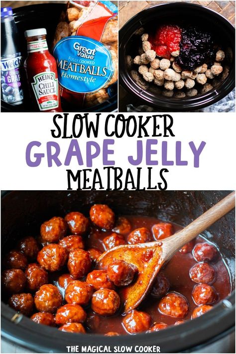 Only three ingredients to make these easy Slow Cooker Grape Jelly Meatballs! Great for any party. #meatballs #slowcooker #crockpot #grapejellymeatballs - The Magical Slow Cooker Slow Cooker Grape Jelly Meatballs, Jelly Meatballs Crockpot, Grape Jelly Chili Sauce, Grape Jelly Meatballs Recipe, Magical Slow Cooker, Meatball Recipes Crockpot, Jelly Meatballs, Grape Jelly Meatballs, The Magical Slow Cooker