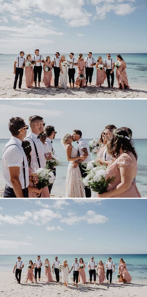 Beach Wedding Photos, Groomsmen In Suspenders, Beach Wedding Bridal Party, Boho Bridal Party, Wedding Photography Bridal Party, Bridal Parties Pictures, Dream Beach Wedding, Photojournalistic Wedding Photography, Beach Wedding Inspiration