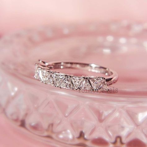 Trillion Cut Ring, Eternity Engagement Band, Promise Band, Half Eternity Wedding Band, Anniversary Gift For Wife, Diamond Alternatives, Half Eternity Band, Anniversary Gifts For Wife, Eternity Wedding Band