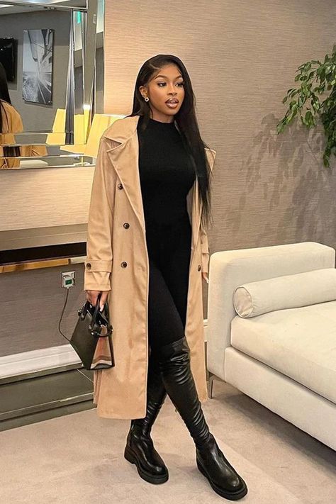 Trench Coat With Black Dress, Trench Coat Baddie Outfit, Trench Coat And Skirt Outfit Winter, Trench Coat Black Women, Work Trench Coat Outfit, Flat Chunky Boots Outfit, Long Coat Outfit Black Women, Leather Trench Coat Outfit Black Women, Black Women Trench Coat Outfit