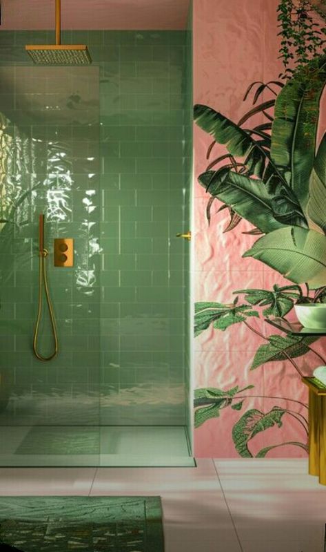 Miami Art Deco Bathroom, Pink And Green Spa Room, Jungalow Decor Bathroom, Pink Jungle Bathroom, Pink Green Bathroom Decor, Coral Bathroom Tile, Flamingo Bathroom Ideas, Havana Bathroom, Peach And Green Bathroom