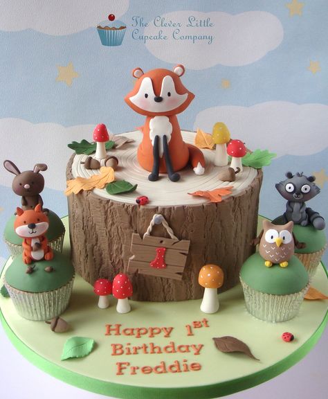 https://flic.kr/p/qPcuvq | Woodland Themed 1st Birthday Cake | Lemon cake with chocolate cupcakes :-) Based on a design I did a few months ago. Woodland Birthday Cake, Fox Cake, Animal Birthday Cakes, Woodland Cake, Woodland Birthday Party, Torte Cupcake, 1st Birthday Cakes, Animal Cakes, Woodland Birthday