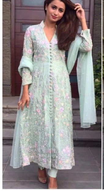 Georgette Churidar Designer Latest, Coller Neck Suit, Chikankari Dress Patterns, Lukhnowi Suits Design, Chikankari Salwar Suit, Lakhnavi Dress, A Line Kurti Designs, A Line Kurti, Trendy Outfits Indian