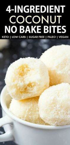 Easy and healthy no bake coconut bites made without condensed milk and needing just 4 ingredients. Made with coconut and almond flour, these paleo and vegan snacks take less than 5 minutes to whip up- They taste like raffaello! Keto, Sugar free, Low Carb. Healthy No Bake, Coconut Bites, Dessert Mousse, Coconut Balls, Postre Keto, Low Carb Snack, Vegan Coconut, Keto Dessert Easy, Keto Cheesecake