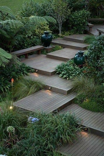 Bamboo Decking Durable Sustainable easy to install 25-year warranty | House of Bamboo Landscape Lighting Design, Wooden Steps, Garden Steps, Backyard Lighting, Camping Ideas, Garden Layout, Modern Landscaping, Landscape Lighting, Backyard Design